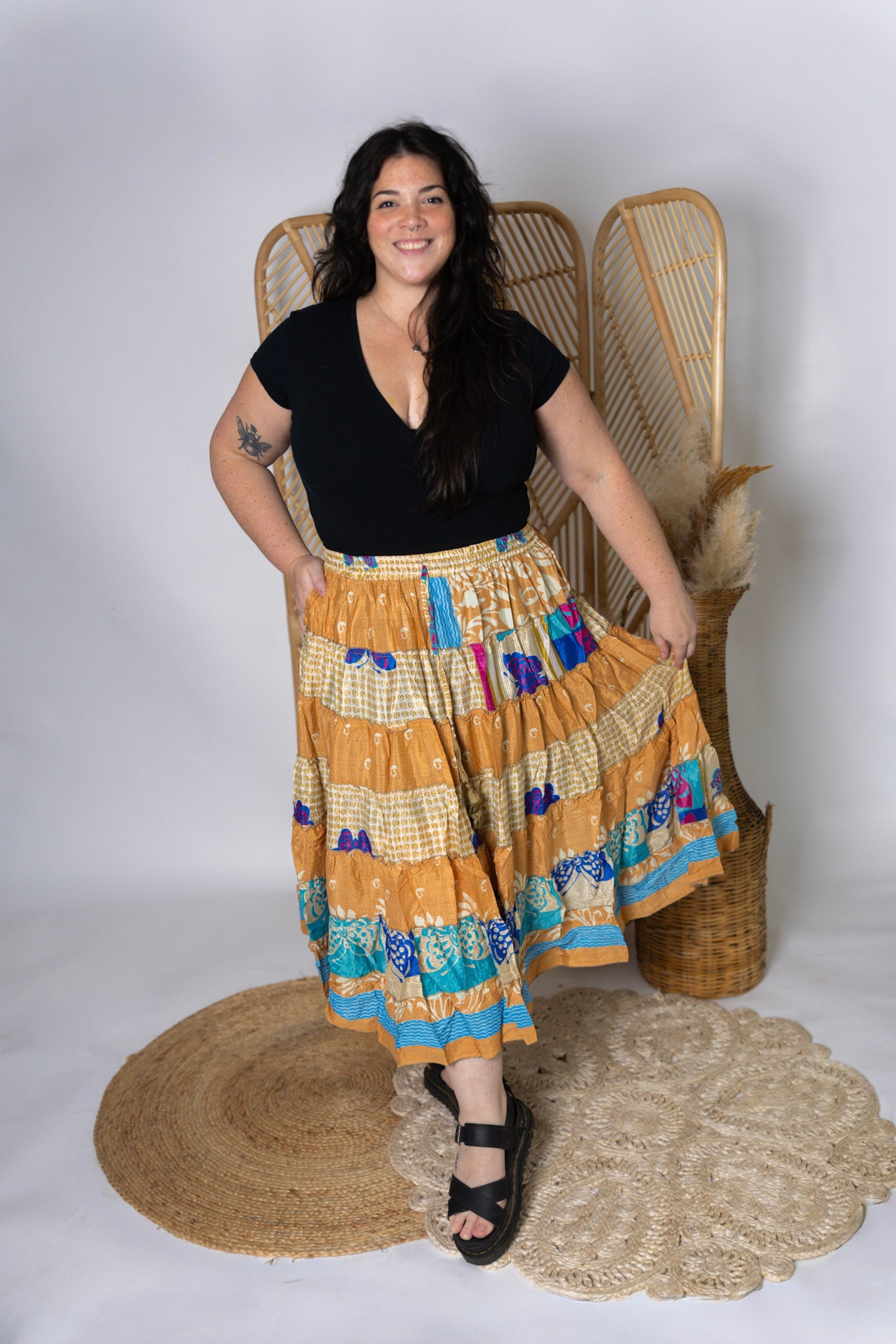 Plus Up-Cycled Sari Elastic Band Tiered Skirt #170