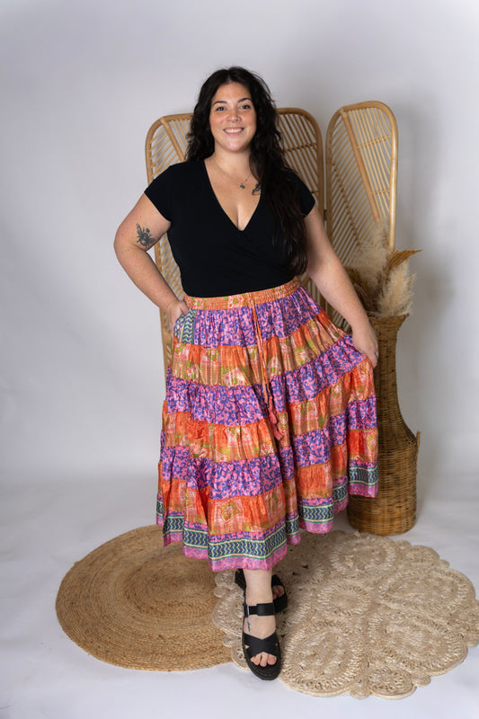 Plus Up-Cycled Sari Elastic Band Tiered Skirt #172