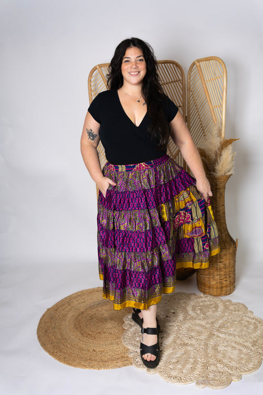 Plus Up-Cycled Sari Elastic Band Tiered Skirt #173