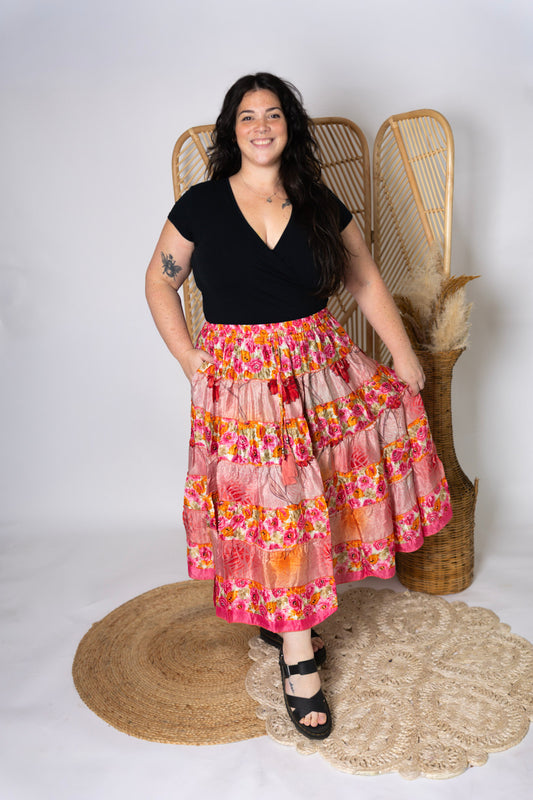 Plus Up-Cycled Sari Elastic Band Tiered Skirt #174