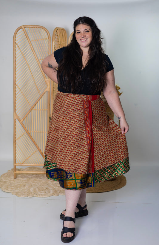 Plus/Tea Length Up-Cycled Reversible Sari Wrap Skirt #66