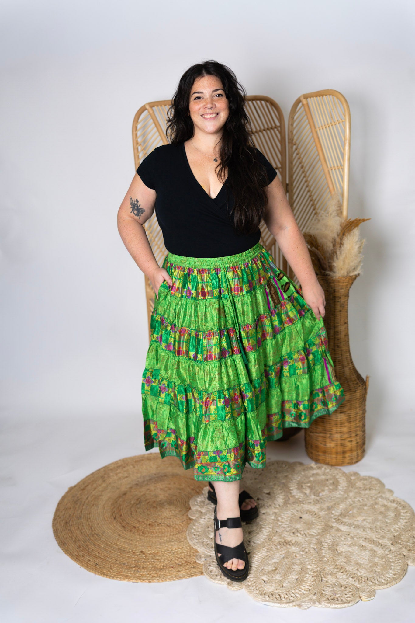 Plus Up-Cycled Sari Elastic Band Tiered Skirt #177