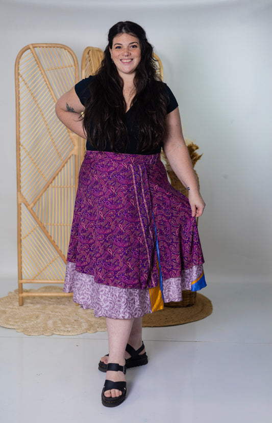 Plus/Tea Length Up-Cycled Reversible Sari Wrap Skirt #27