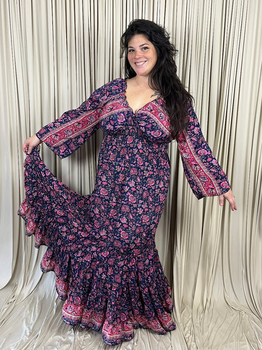 Plus 100% New Silk Long Sleeve Maxi Dress - Midnight Navy Blossom