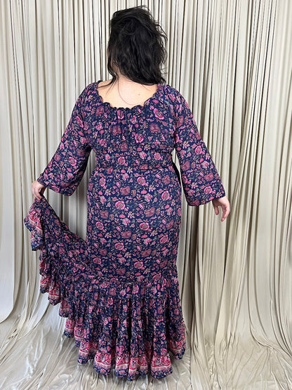 Plus 100% New Silk Long Sleeve Maxi Dress - Midnight Navy Blossom