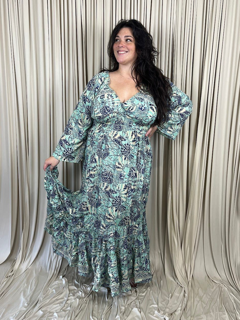 Plus 100% New Silk Long Sleeve Maxi Dress - Tropical Tide