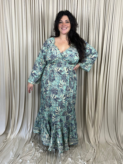 Plus 100% New Silk Long Sleeve Maxi Dress - Tropical Tide