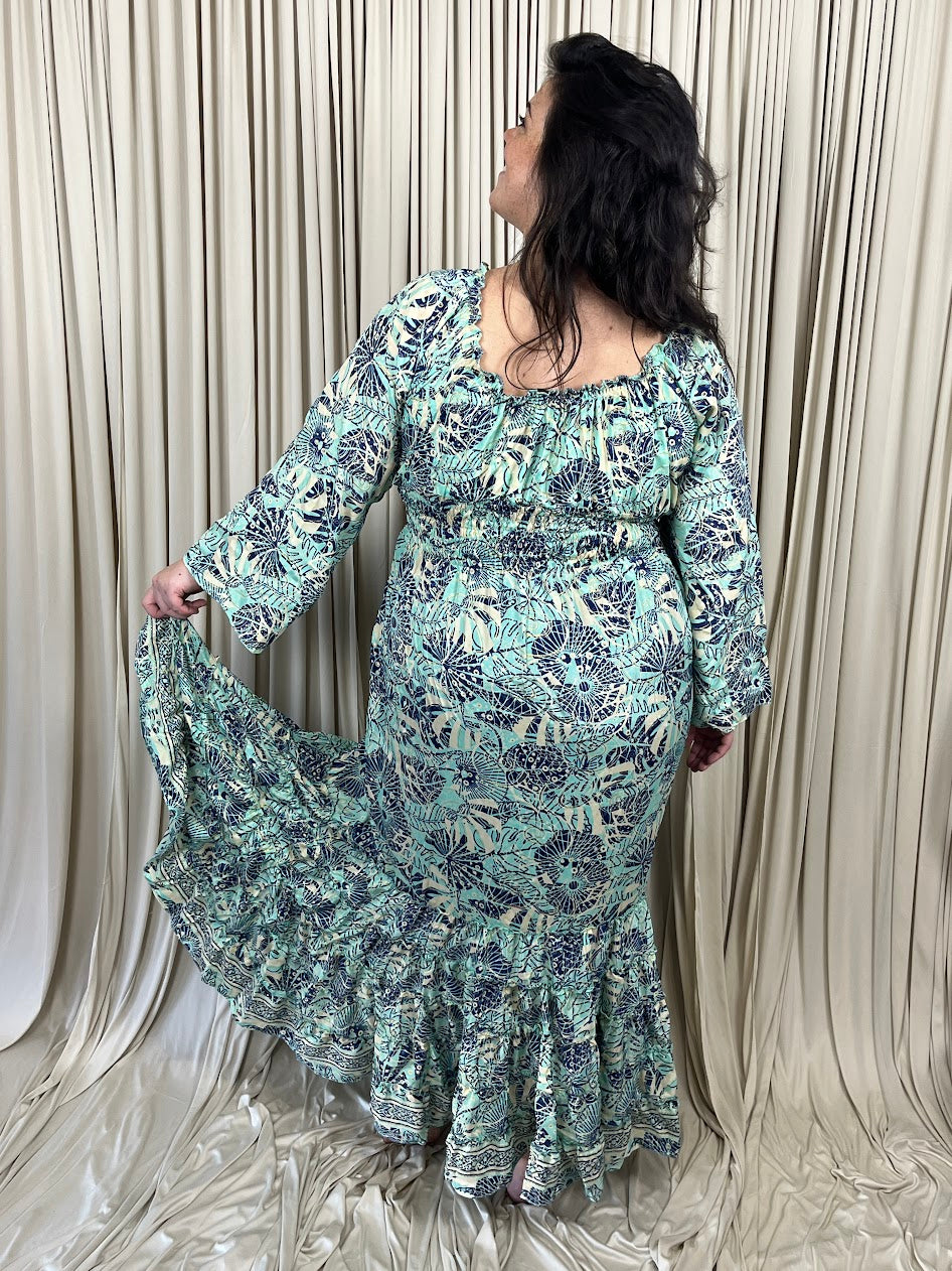 Plus 100% New Silk Long Sleeve Maxi Dress - Tropical Tide