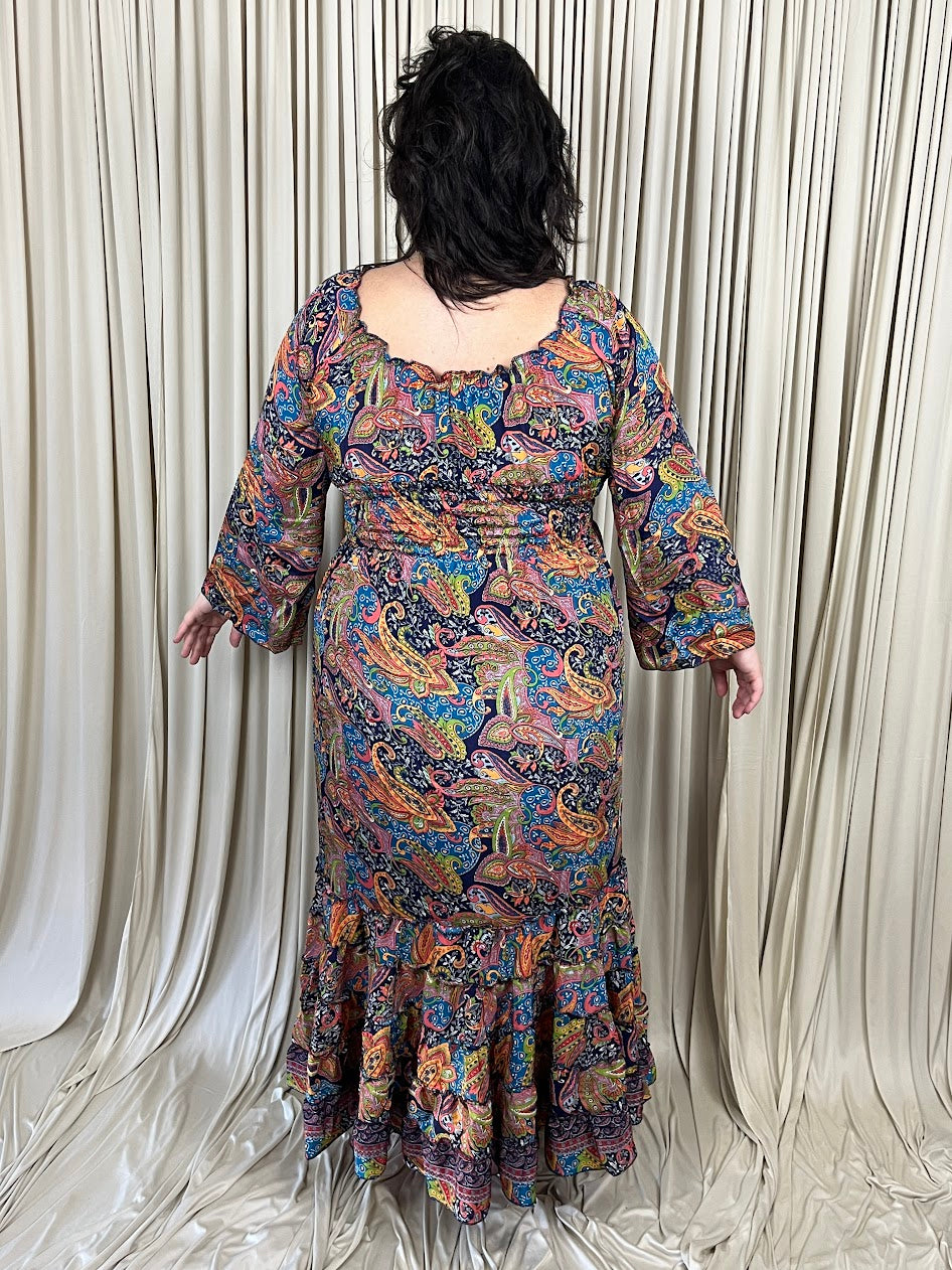 Plus 100% New Silk Long Sleeve Maxi Dress - Paisley Kaleidoscope