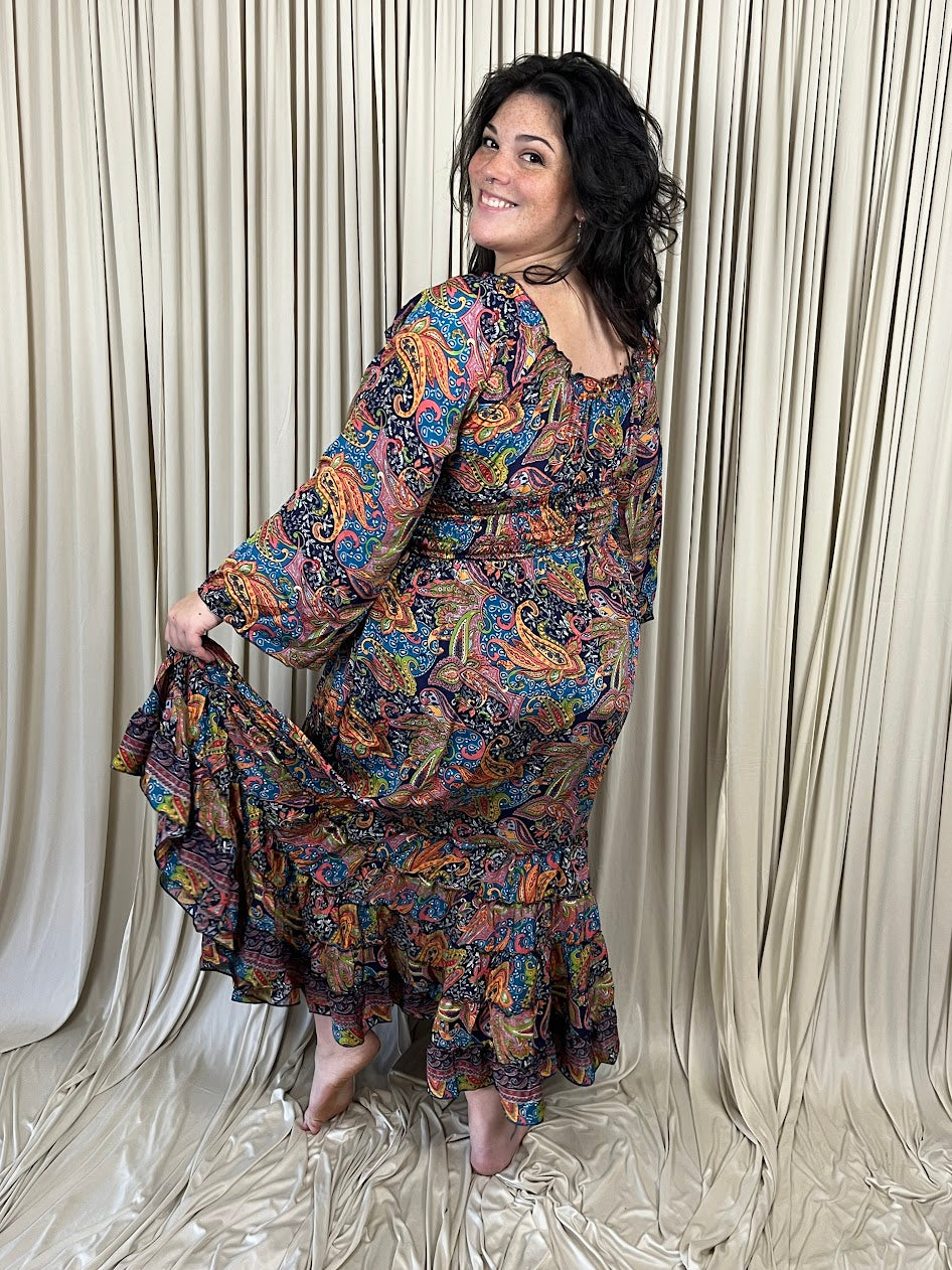 Plus 100% New Silk Long Sleeve Maxi Dress - Paisley Kaleidoscope