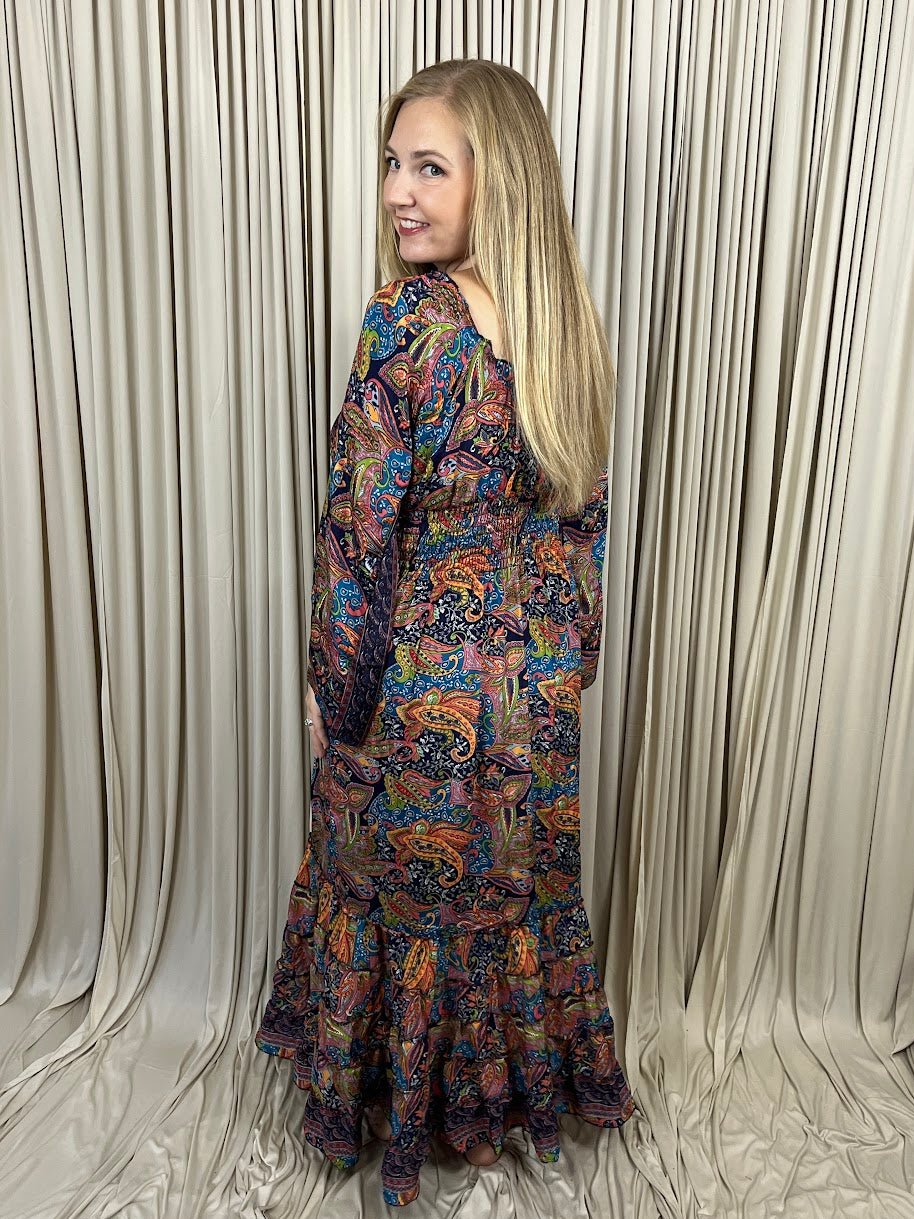 Regular 100% New Silk Long Sleeve Maxi Dress- Paisley Kaleidoscope