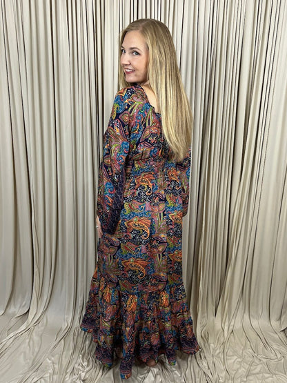 Regular 100% New Silk Long Sleeve Maxi Dress- Paisley Kaleidoscope