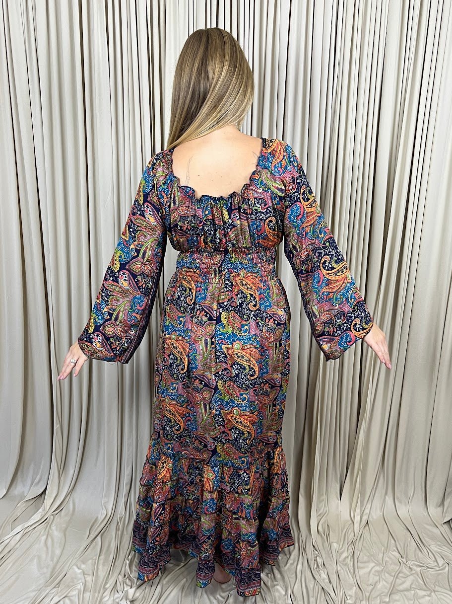 Regular 100% New Silk Long Sleeve Maxi Dress- Paisley Kaleidoscope
