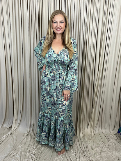 Regular 100% New Silk Long Sleeve Maxi Dress- Tropical Tide