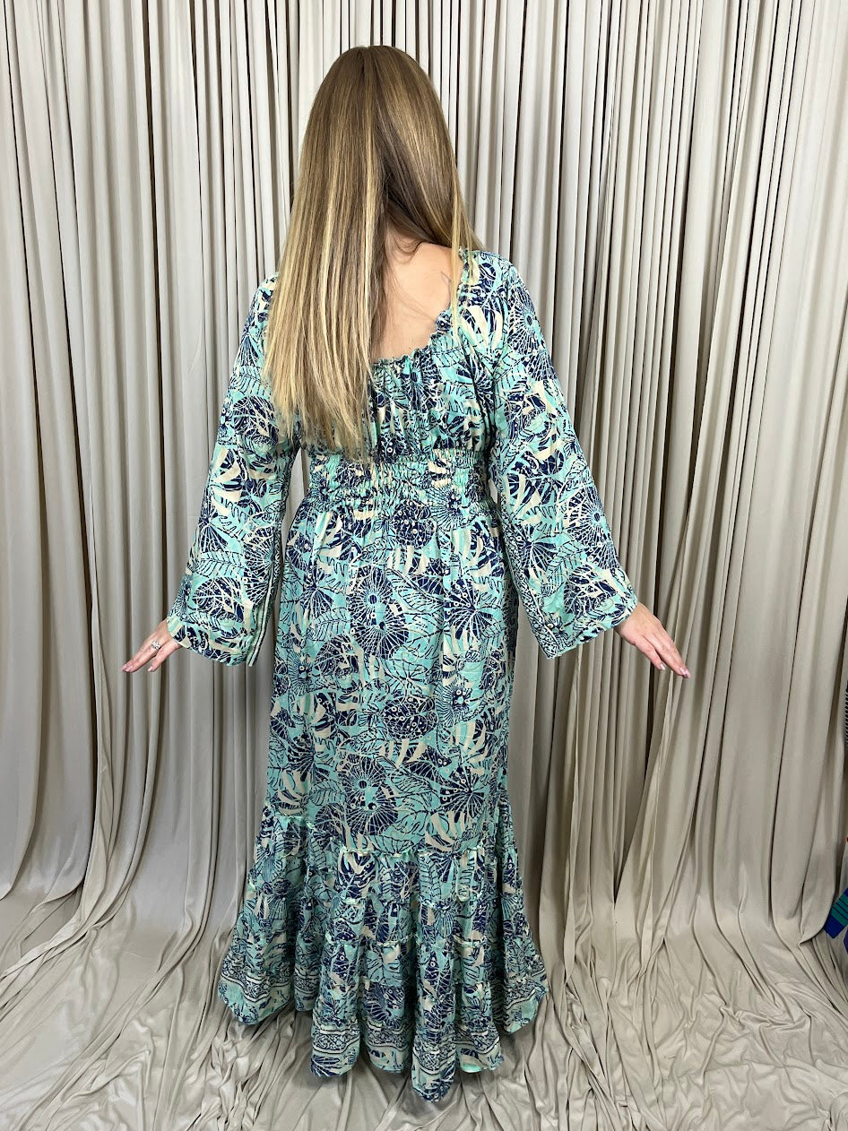 Regular 100% New Silk Long Sleeve Maxi Dress- Tropical Tide