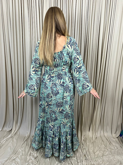 Regular 100% New Silk Long Sleeve Maxi Dress- Tropical Tide