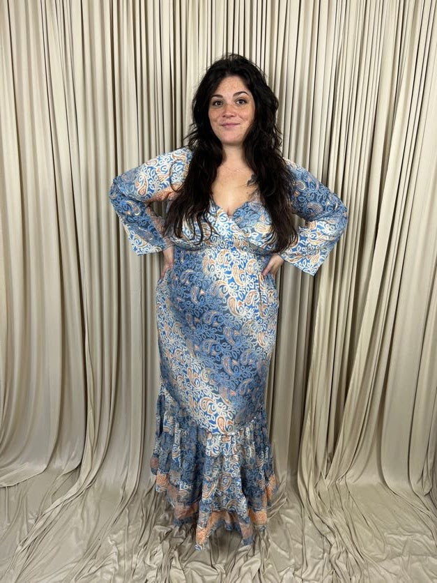Plus 100% New Silk Long Sleeve Maxi Dress - Ocean Breeze