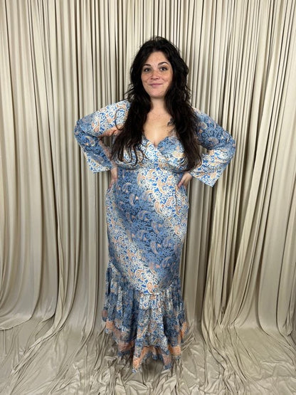 Plus 100% New Silk Long Sleeve Maxi Dress - Ocean Breeze