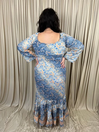 Plus 100% New Silk Long Sleeve Maxi Dress - Ocean Breeze
